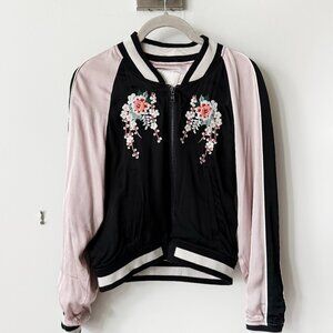 Joie Juanita Satin Floral Cherry Blossom Embroidered Bomber Jacket
